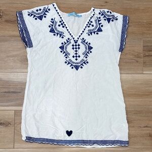 Solitaire White Tunic with Navy Embroidery